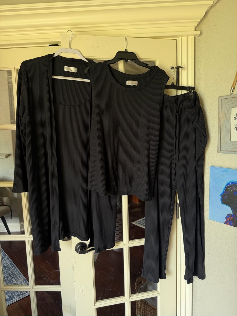 2X Cuddl Duds Black Ribbed 3 Piece Lounge Set Cardigan Tank Pants Soft Cozy